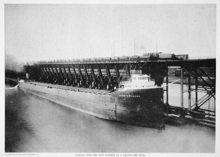 Loading iron ore into steamer at a Duluth ore dock 1919 sepia photogravure