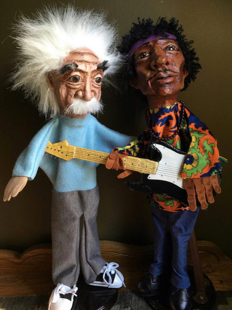 18” Hand puppets of Albert Einstein and Jimi Hendrix, Papier-mâché and cloth