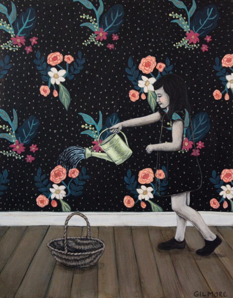 Watering The Wallpaper, 14”x11” acrylic on deep cradled wood panel