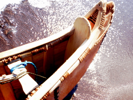 Erik Simula's hand made birch bark canoe tied with roots and sealed with spruce tree gum.