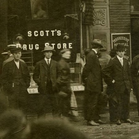street scene in front of Scott's Drug Store, Superior Street, 21 July 1909