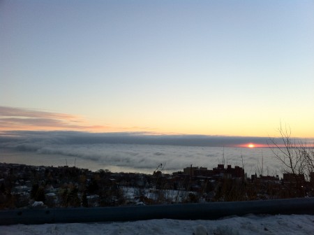 Sunrise and steam on Lake Superior