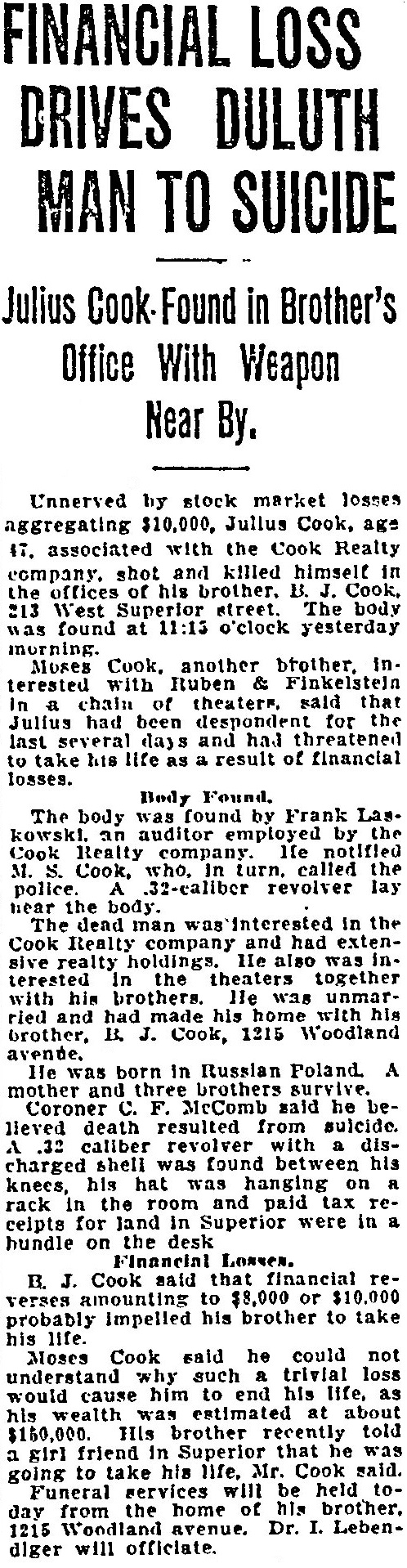 Financial loss drives Duluth man to suicide - 21Aug1921