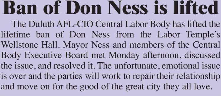 Ban of Don Ness is lifted