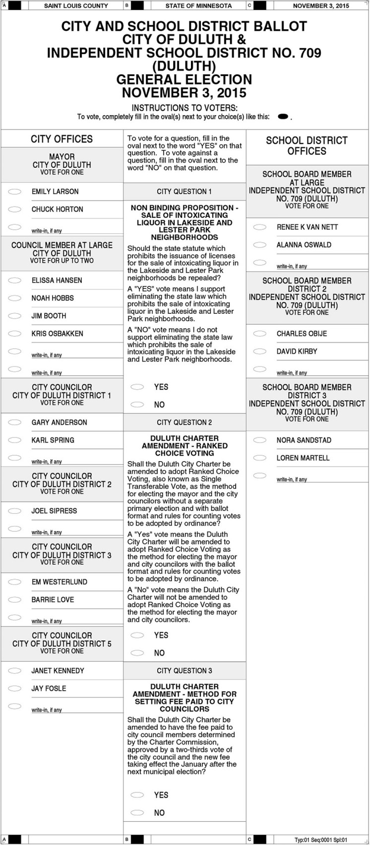 Duluth MN General Election Ballot 2015