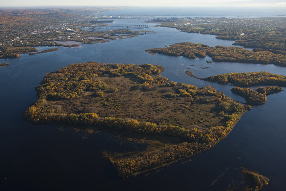 Aerial views of Clough Island in the St. Louis River estuary, Duluth, Minnesota.