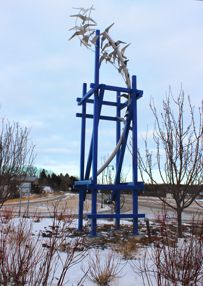 Freedom, a 22’ steel tower for the city of Fergus Falls, to be the focal point in the new roundabout at the entrance to town. It was inspired by the seagulls that follow the tractors through the fields in this ecosystem of farms and lakes. I received this commission as the result of a competition—as is true of most commissions for public artworks.  It was finished in 2016.