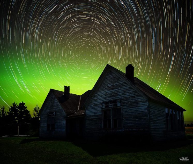 King School House - The abandoned "King School House" found in Cloverland, WI. Seen under the Northern Lights, with the star trail technique used. 