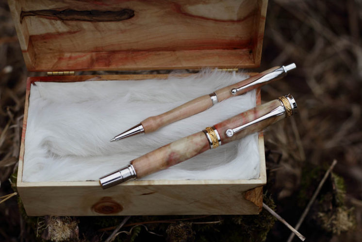 Flaming Box Elder pen/pencil combo in matching box lined with rabbit fur, wood from a blow down on Superior Street