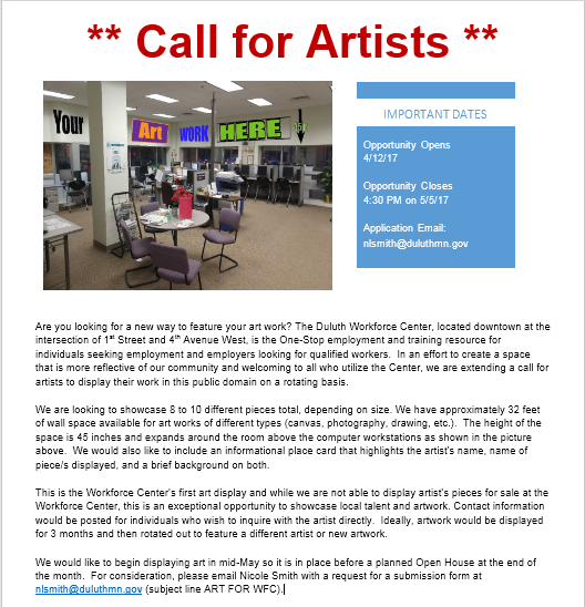 Duluth Workforce Center Call for Artists