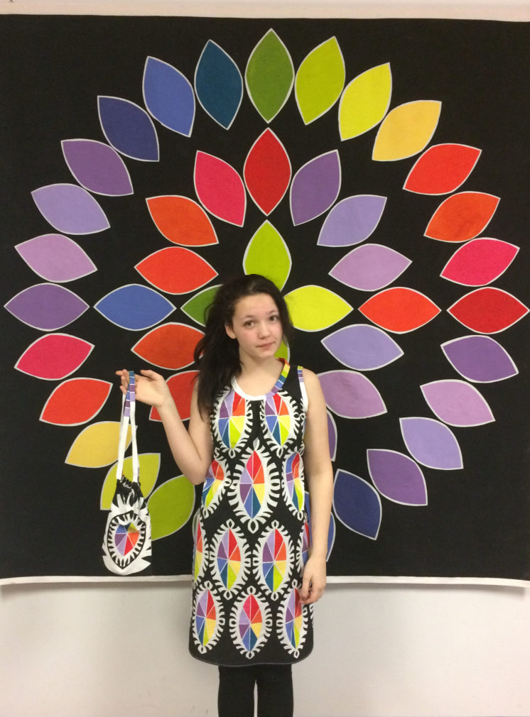 Forestasia, 13, hand stenciled dress and rainbow flower wall hanging
