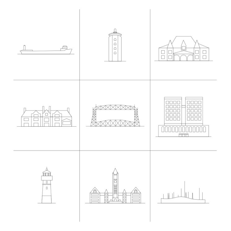 Minimalistic icons that represent popular landmarks in Duluth. This was made for the Duluth Art Institute’s Design DLH Pop-Up Shop & Exhibit. Can you figure out what they are? 