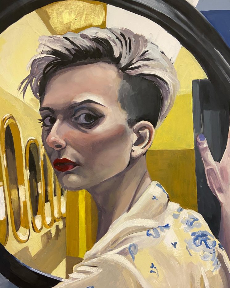 Painting of a short haired woman looking back against a yellow background