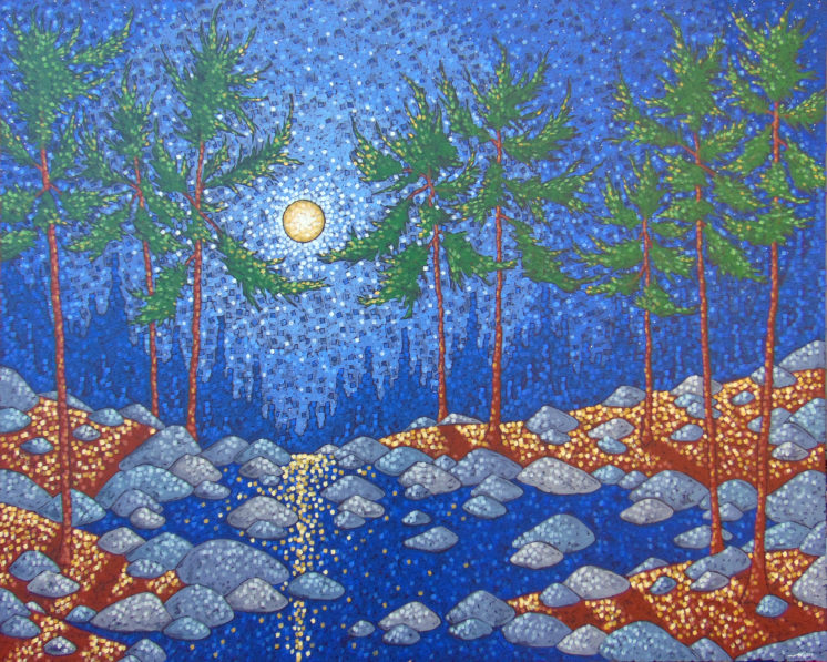 Painting of a moon shining above some trees over a rocky creek