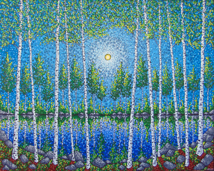 Painting of the moon shining through some birch trees over a lake