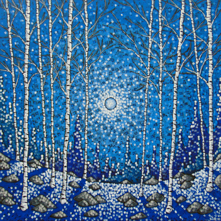 Painting of a blue moon shining over a snowy, birch filled landscape