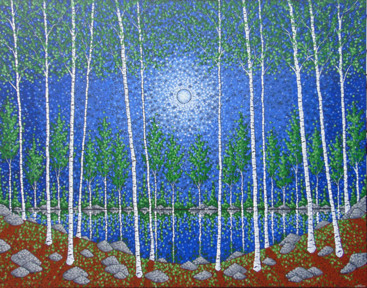 Painting of the moon shining through some birch trees over a lake