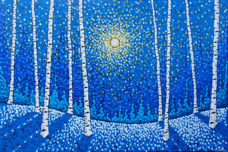 Painting of a yellow moon shining over a blue winter landscape