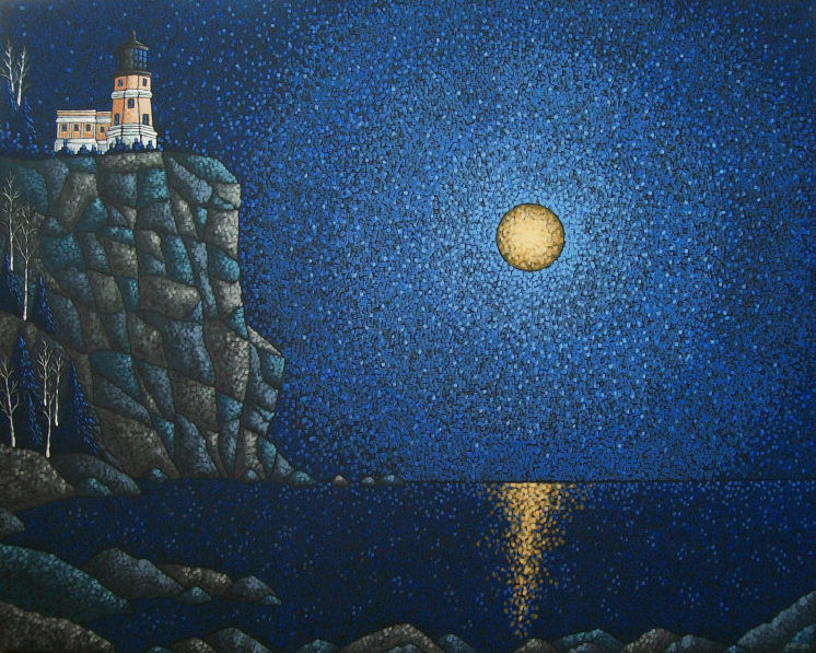 Painting of a yellow moon shining above Lake Superior near Split Rock Lighthouse