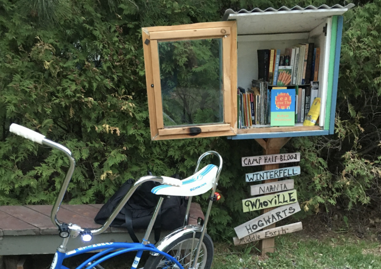 Little free library with Wildwood's book in it