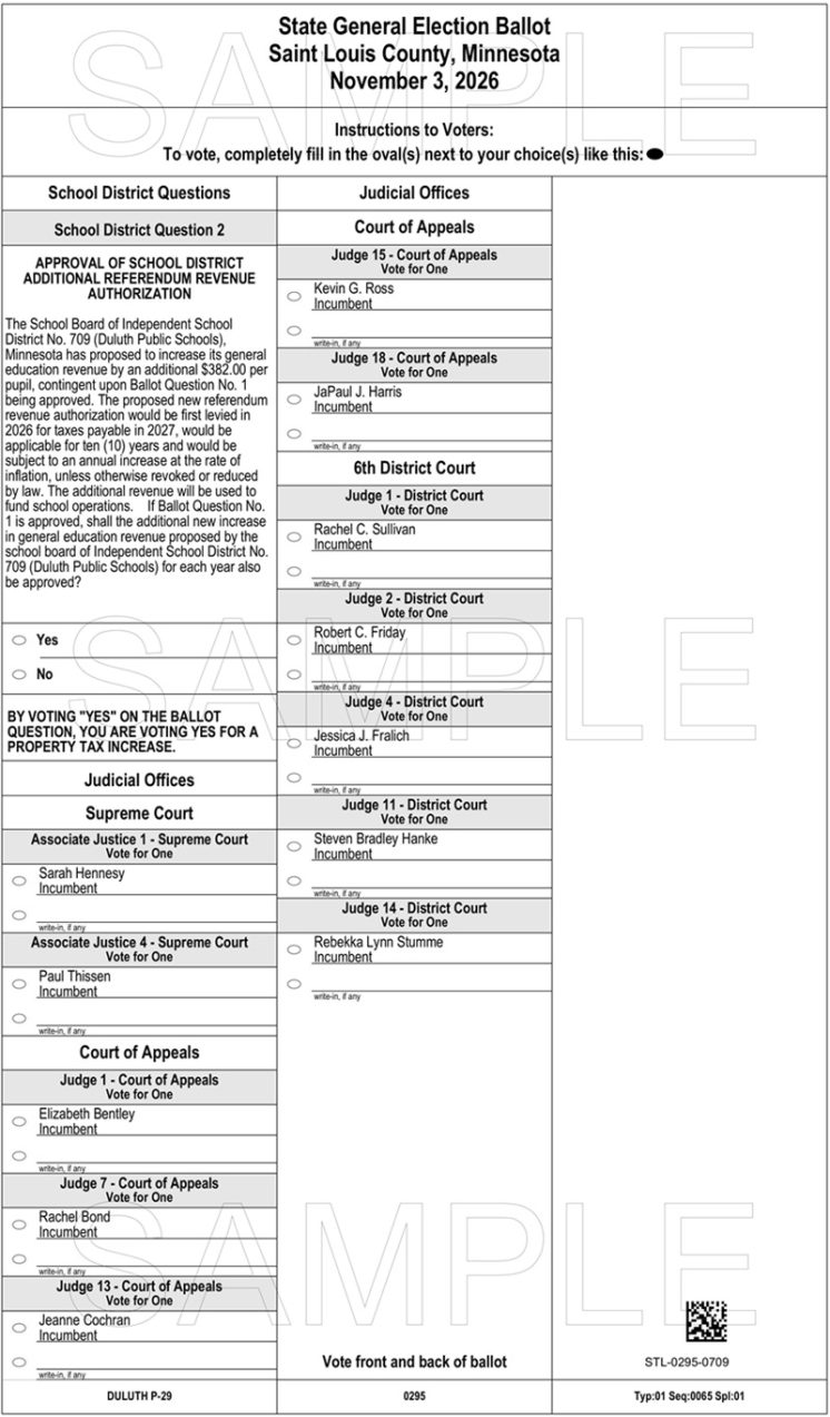 Duluth 2026 General Election Ballot back