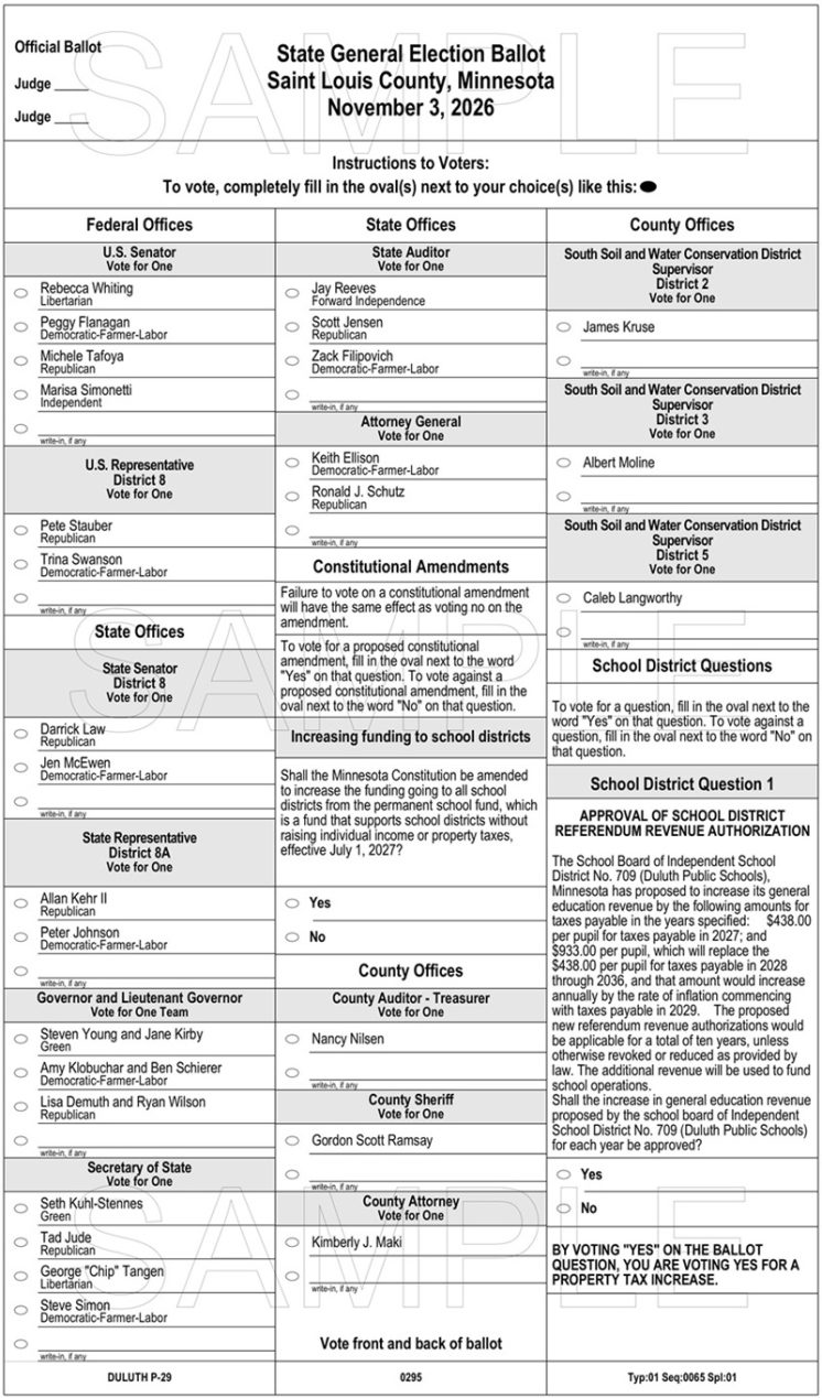 Duluth 2026 General Election Ballot front western